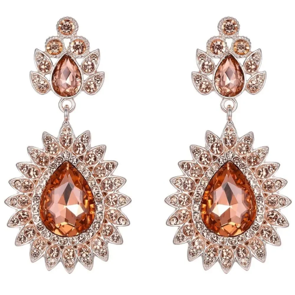 Rose Gold with Champagne Topaz Crystal Art Deco Chandelier Dangling Earrings